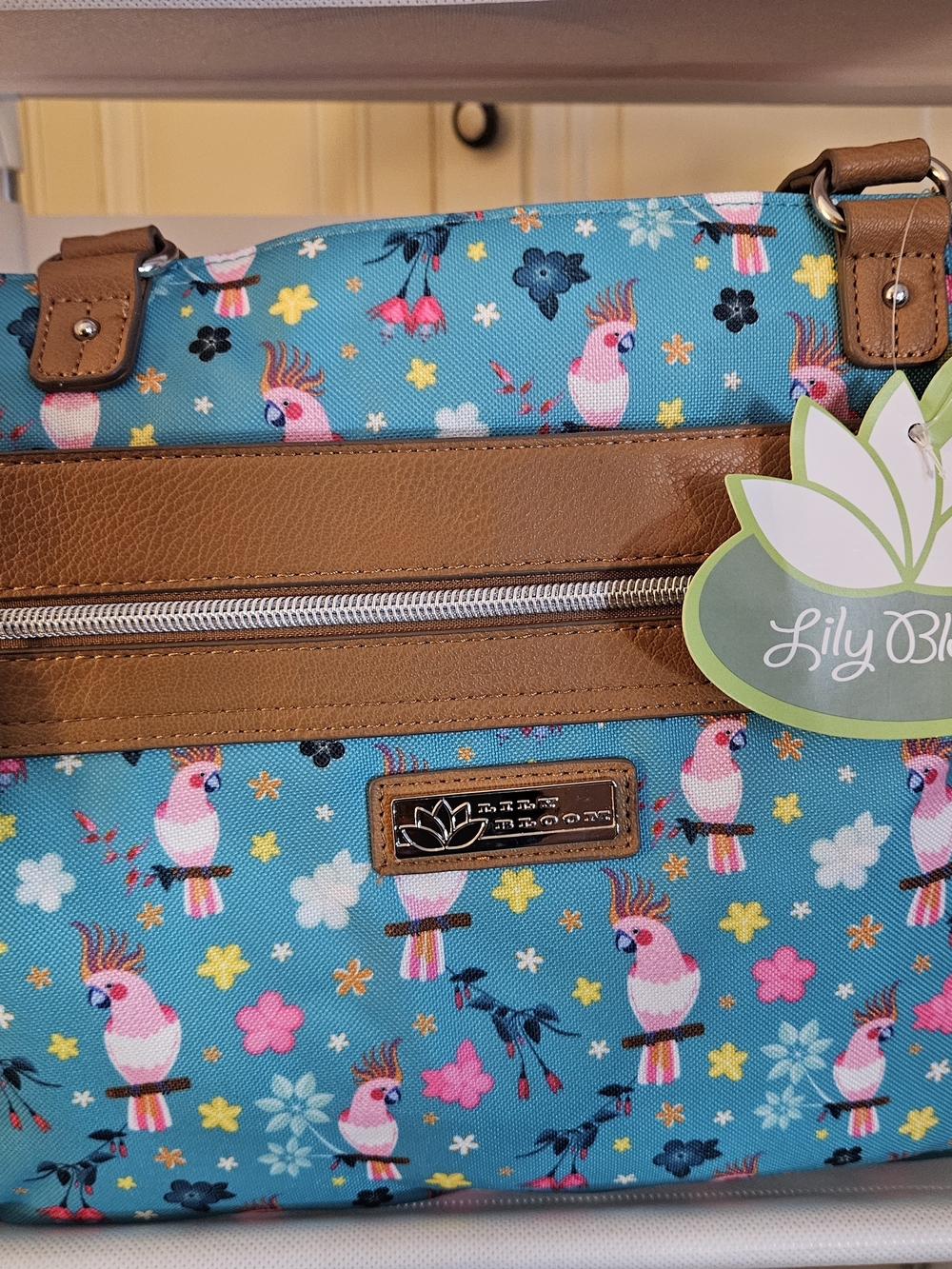 Lily Bloom Parrots in Paradis Tote — Turquoise and Brown Trim